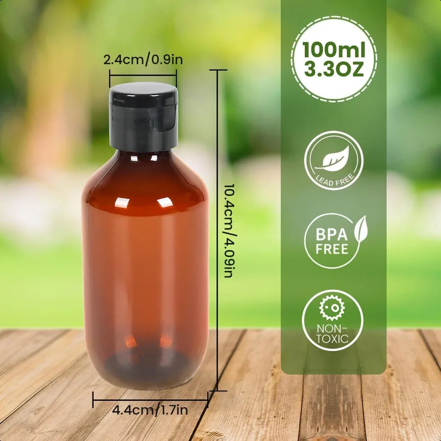 Travel Size Amber Bottles with Flip Cap 6 Pack 3.4oz Leak Proof Dispenser Containers for Toiletries Essential Oils and Shampoo
