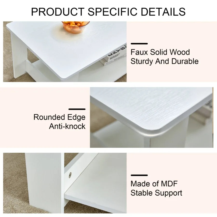 A modern and minimalist white double layered rectangular coffee table and coffee table. MDF material is more durable and suitab