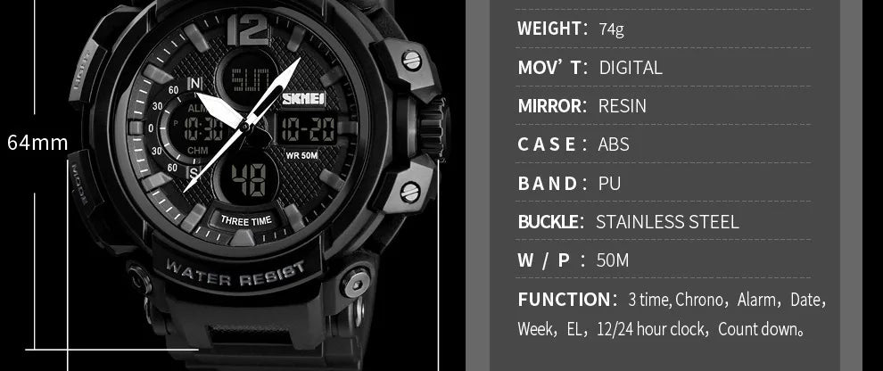 SKMEI Men Watch 50M Waterproof Digital Fashion Watches Outdoor Sport Men Wristwatches Erkek Saat  Clock Relogio Masculino 1343