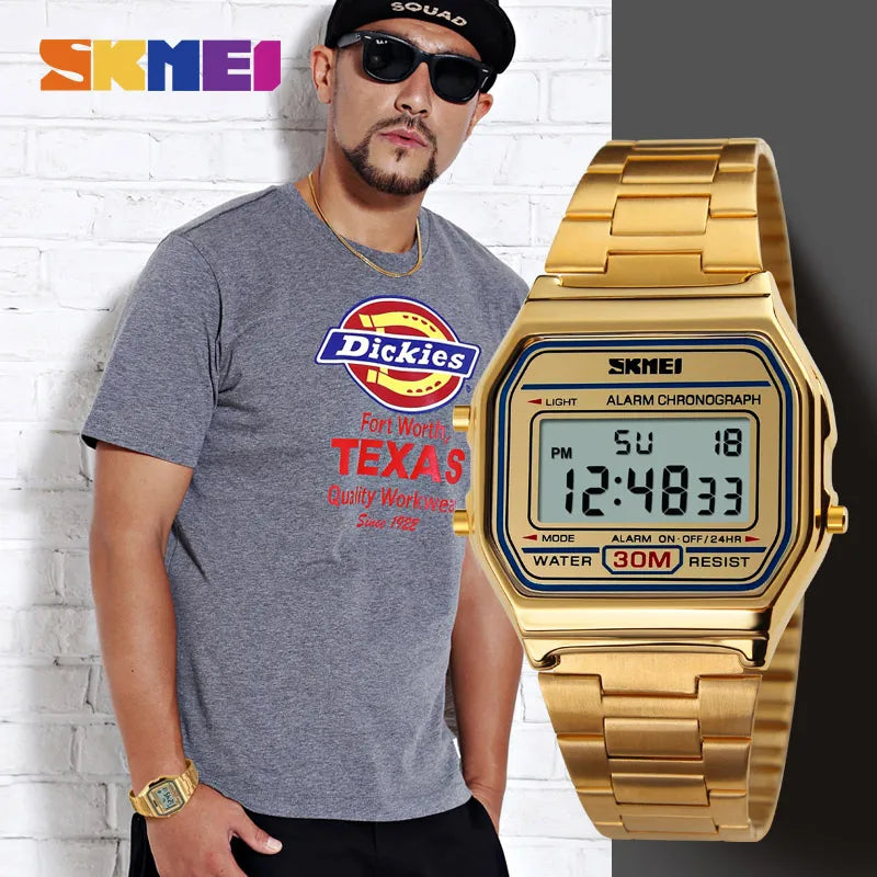 SKMEI relogios masculino Digital Watch Sport Watch Fashion Casual Men Stainless Steel Strap LED Display Waterproof 3Bar Watches