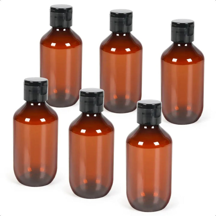 Travel Size Amber Bottles with Flip Cap 6 Pack 3.4oz Leak Proof Dispenser Containers for Toiletries Essential Oils and Shampoo