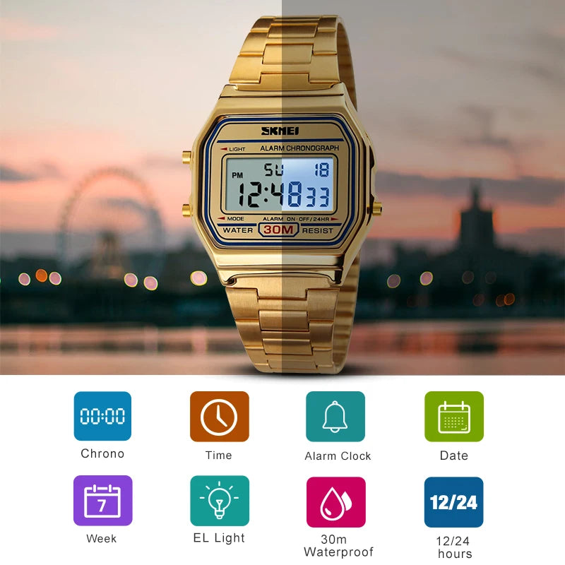 SKMEI relogios masculino Digital Watch Sport Watch Fashion Casual Men Stainless Steel Strap LED Display Waterproof 3Bar Watches