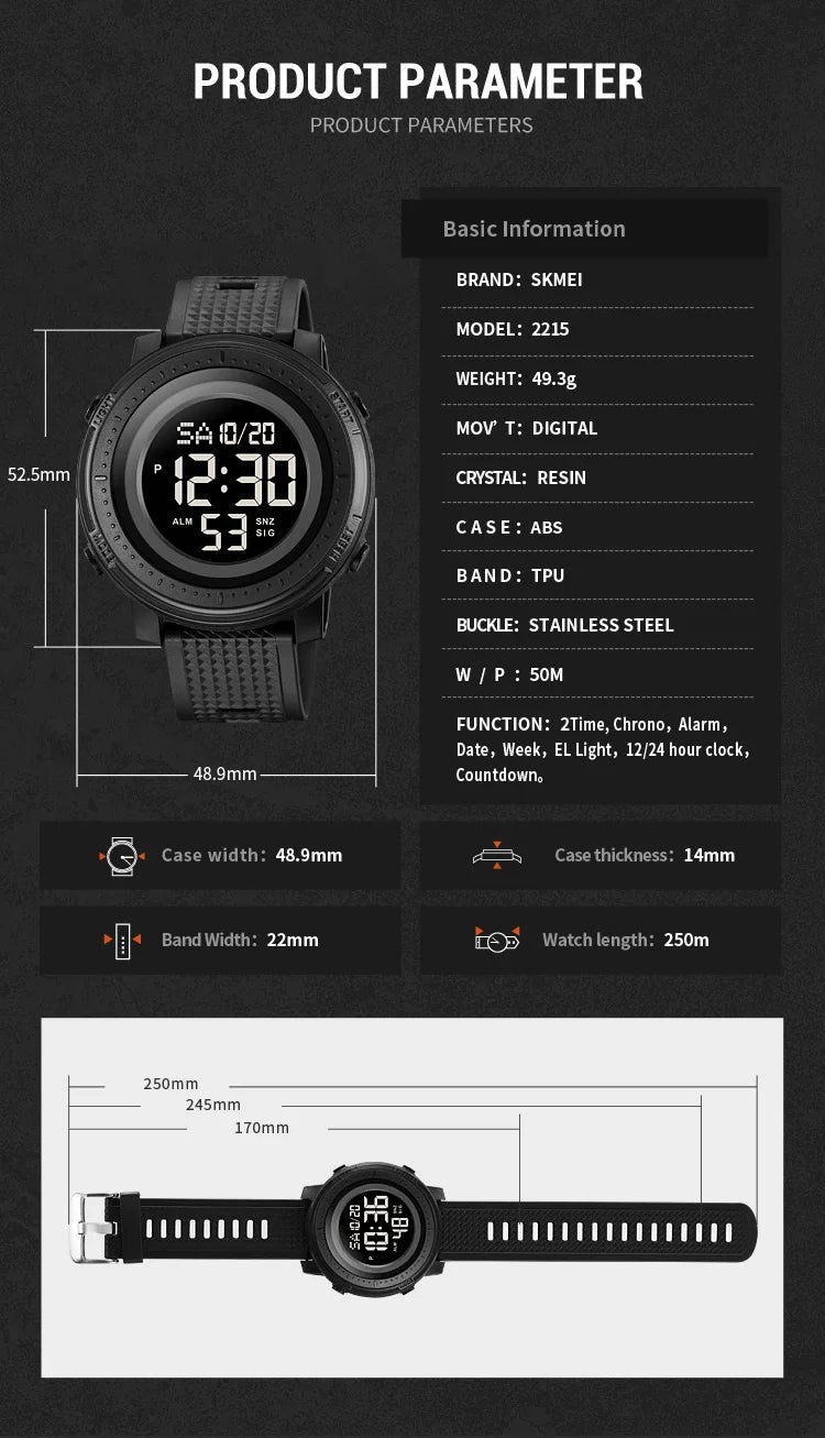 SKMEI Relogios Masculino Casual Back Light Countdown Dightal Sport Watches For Men 5Bar Waterproof Stopwatch Calendar Wristwatch