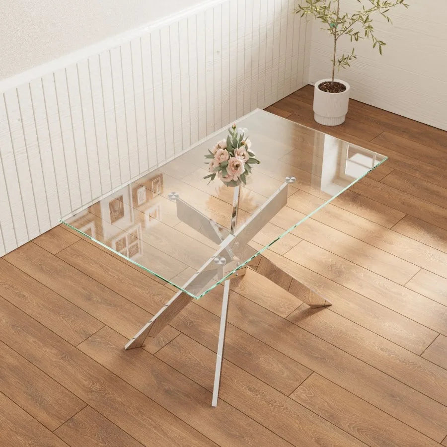 Modern minimalist tempered glass coffee table metal leg rectangular dining table transparent glass living room table 47.2 x 27.