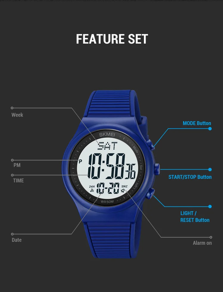 SKMEI Top Brand Fashion Back Light Digital Sports Watches Clock For Men 5Bar Waterproof Countdown Wristwatches Male reloj hombre