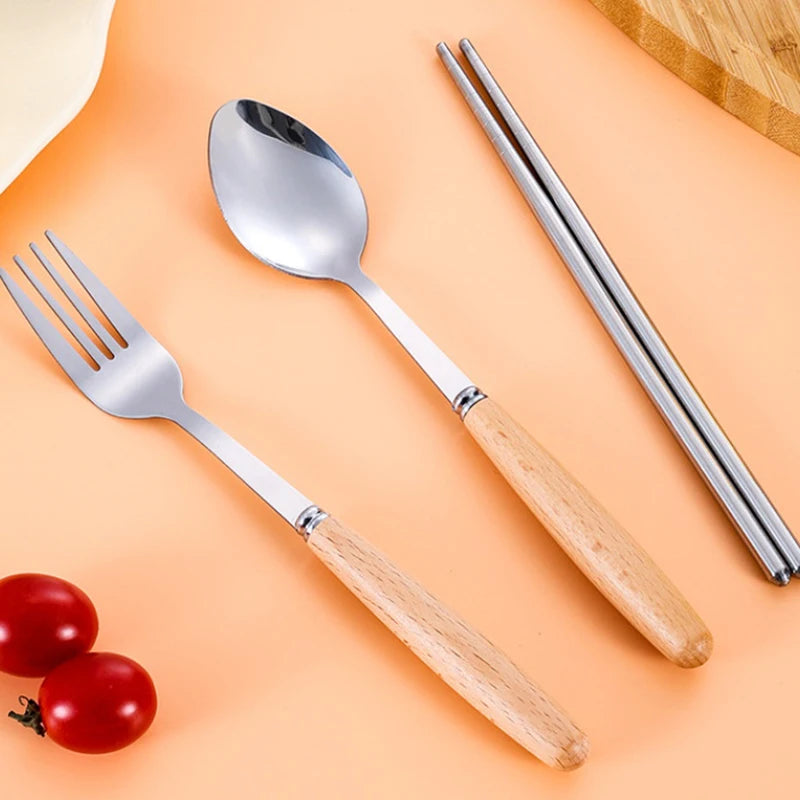 1/2/3Pcs Stainless Steel Tableware With Wooden Handle Spoon Steak Knife Fork Teaspoons For Home Kitchen Dinnerware Kitchen Tools