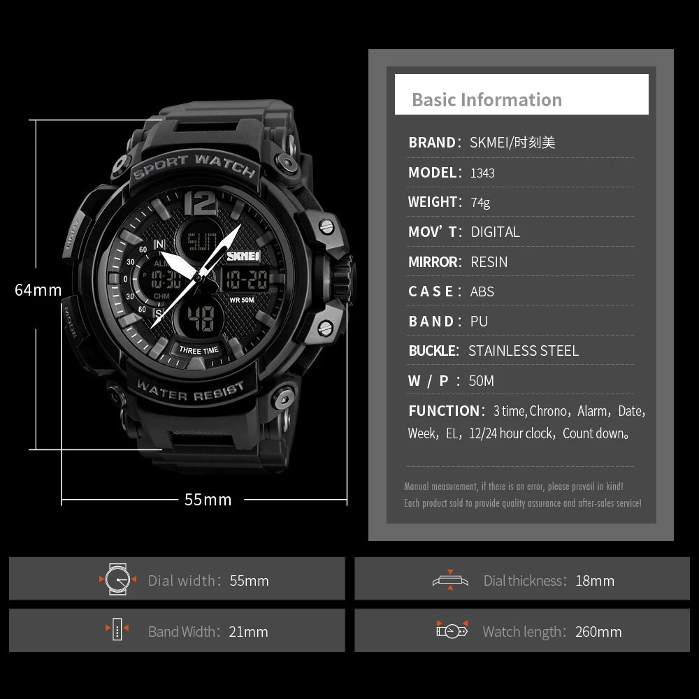 SKMEI Men Watch 50M Waterproof Digital Fashion Watches Outdoor Sport Men Wristwatches Erkek Saat  Clock Relogio Masculino 1343