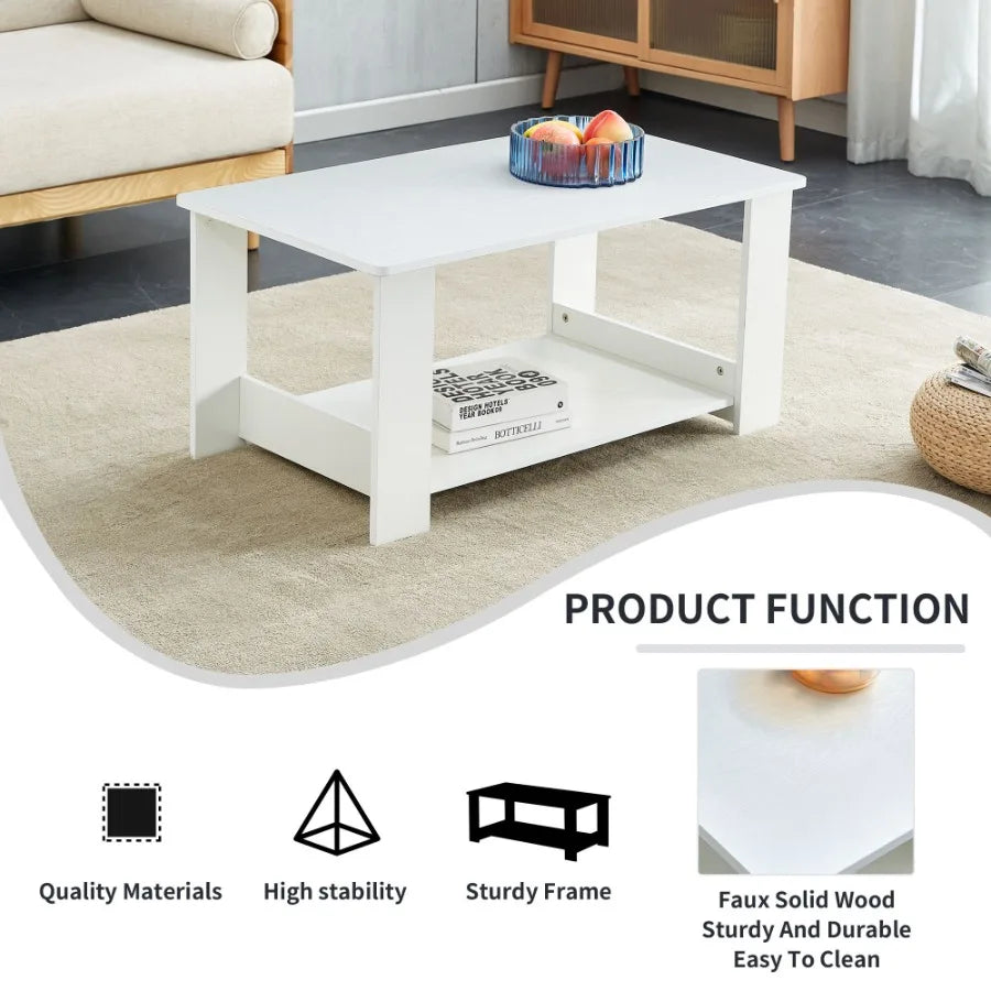 A modern and minimalist white double layered rectangular coffee table and coffee table. MDF material is more durable and suitab