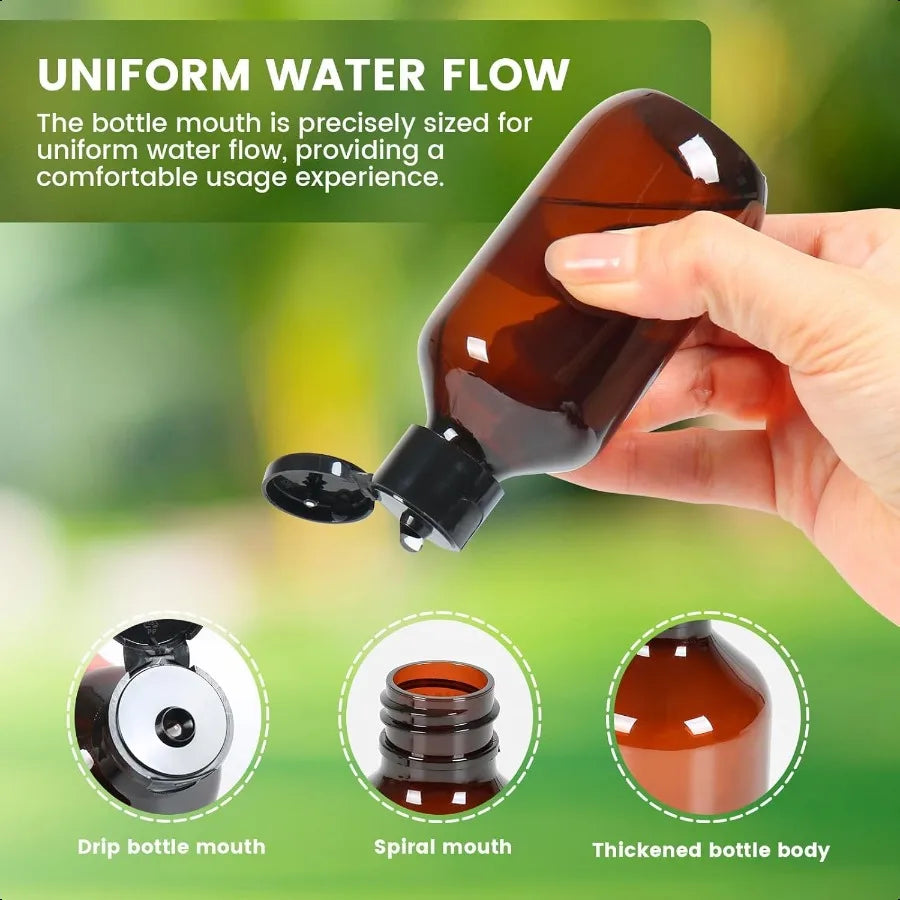 Travel Size Amber Bottles with Flip Cap 6 Pack 3.4oz Leak Proof Dispenser Containers for Toiletries Essential Oils and Shampoo