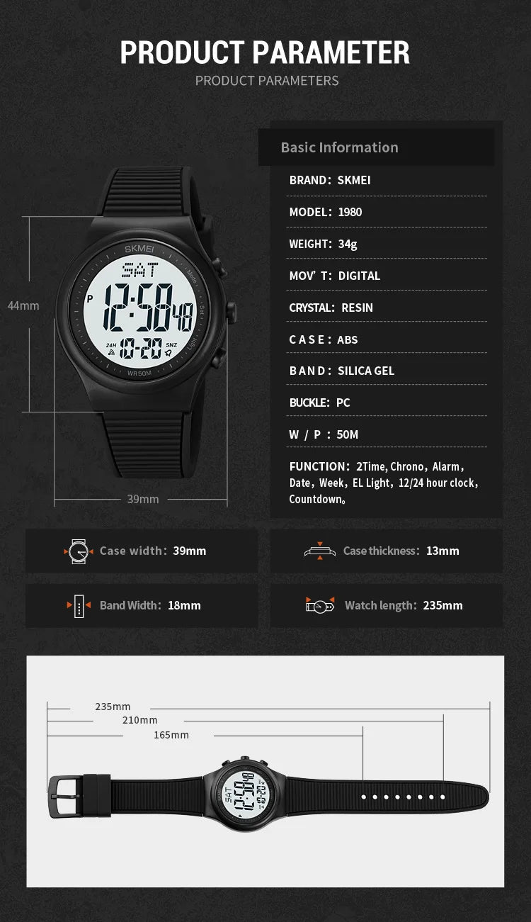 SKMEI Top Brand Fashion Back Light Digital Sports Watches Clock For Men 5Bar Waterproof Countdown Wristwatches Male reloj hombre