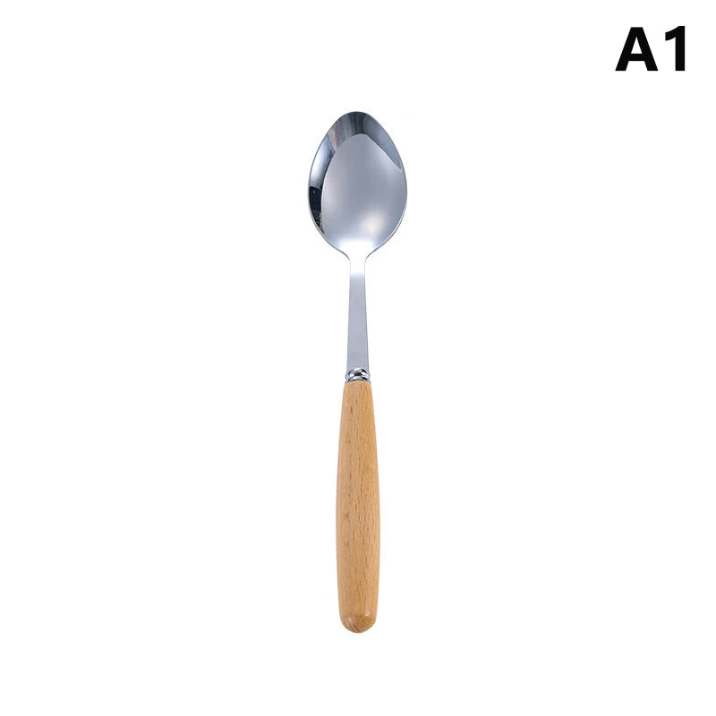 1/2/3Pcs Stainless Steel Tableware With Wooden Handle Spoon Steak Knife Fork Teaspoons For Home Kitchen Dinnerware Kitchen Tools