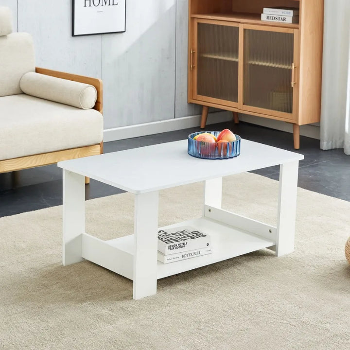 A modern and minimalist white double layered rectangular coffee table and coffee table. MDF material is more durable and suitab