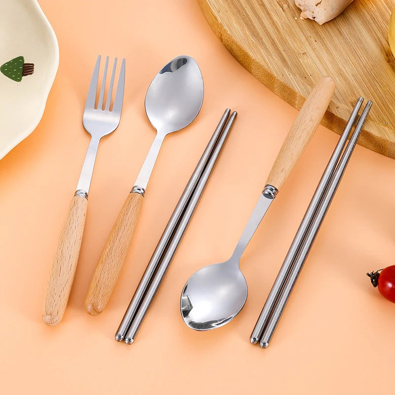1/2/3Pcs Stainless Steel Tableware With Wooden Handle Spoon Steak Knife Fork Teaspoons For Home Kitchen Dinnerware Kitchen Tools