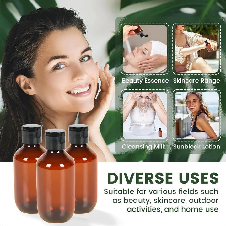 Travel Size Amber Bottles with Flip Cap 6 Pack 3.4oz Leak Proof Dispenser Containers for Toiletries Essential Oils and Shampoo