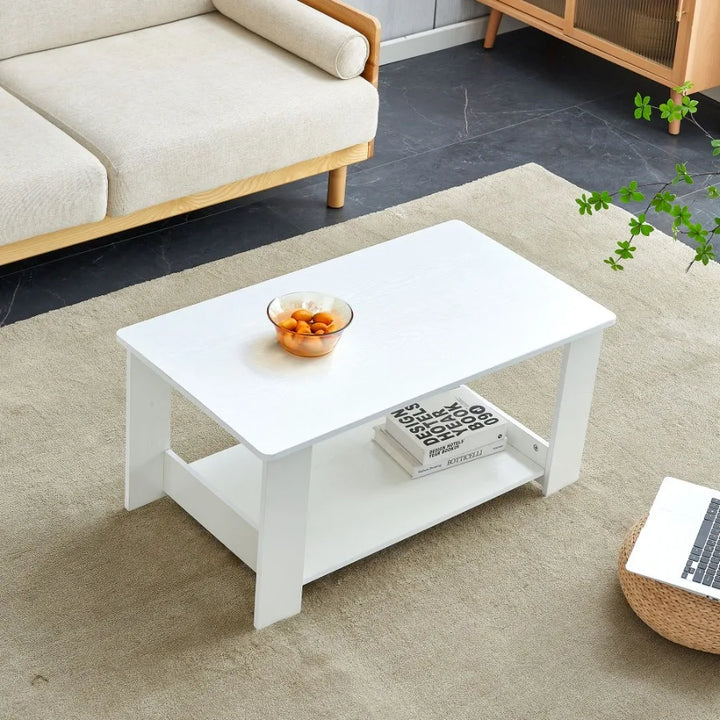 A modern and minimalist white double layered rectangular coffee table and coffee table. MDF material is more durable and suitab