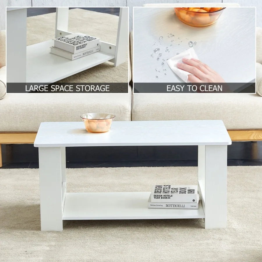 A modern and minimalist white double layered rectangular coffee table and coffee table. MDF material is more durable and suitab