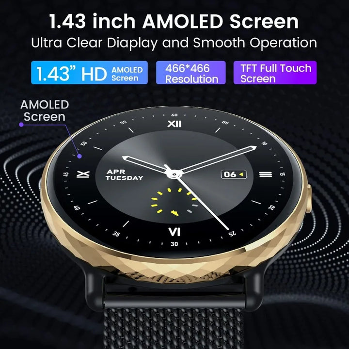 Smartwatch for Men Women Android iOS Phones: Smart Watches Fitness Tracker with 1.43 AMOLED Touchscreen Waterproof Blood Pressu