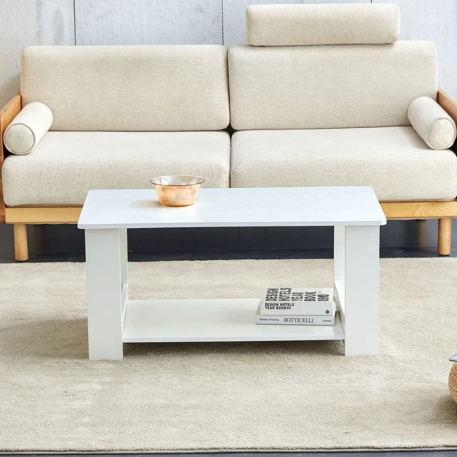 A modern and minimalist white double layered rectangular coffee table and coffee table. MDF material is more durable and suitab